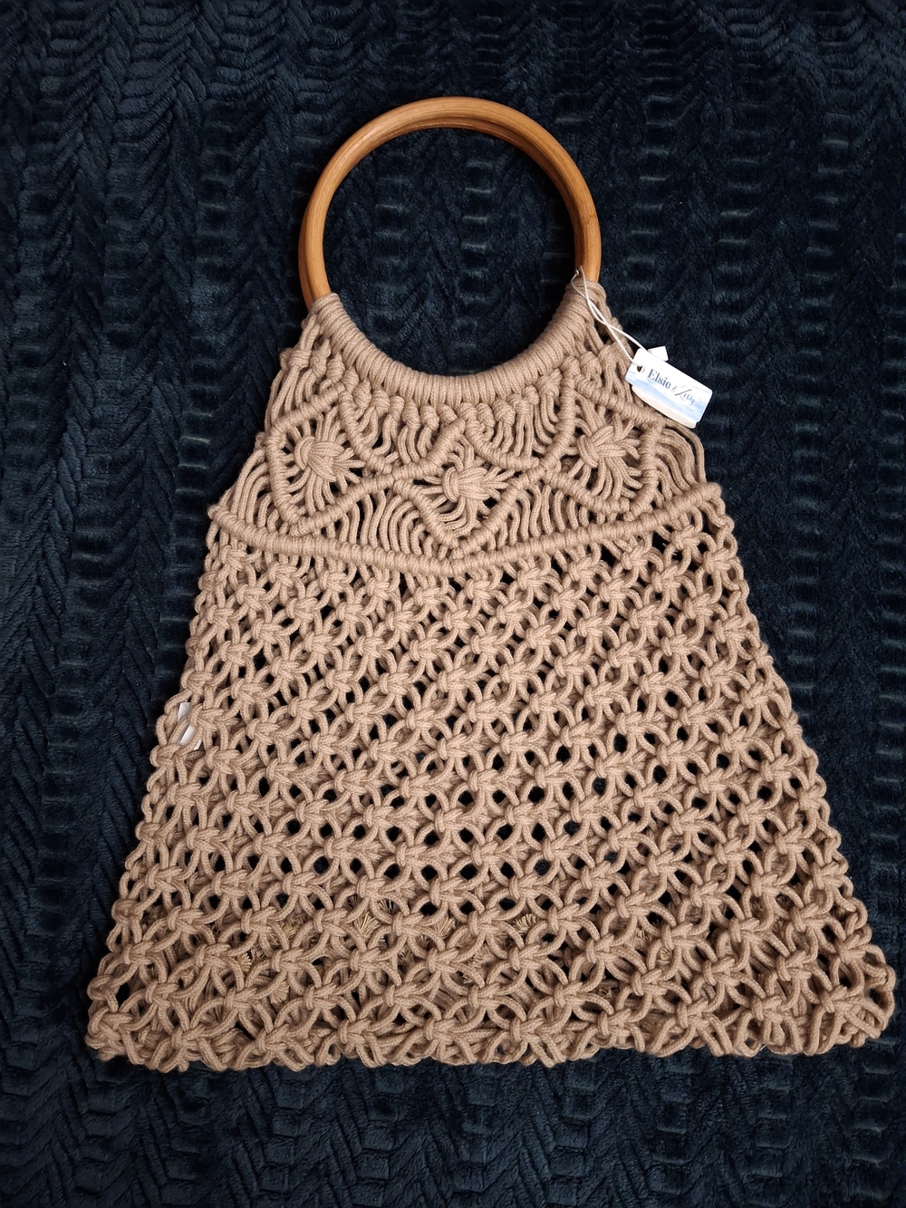 Handmade Macramé Tote Bag with Wooden Handles - Brown